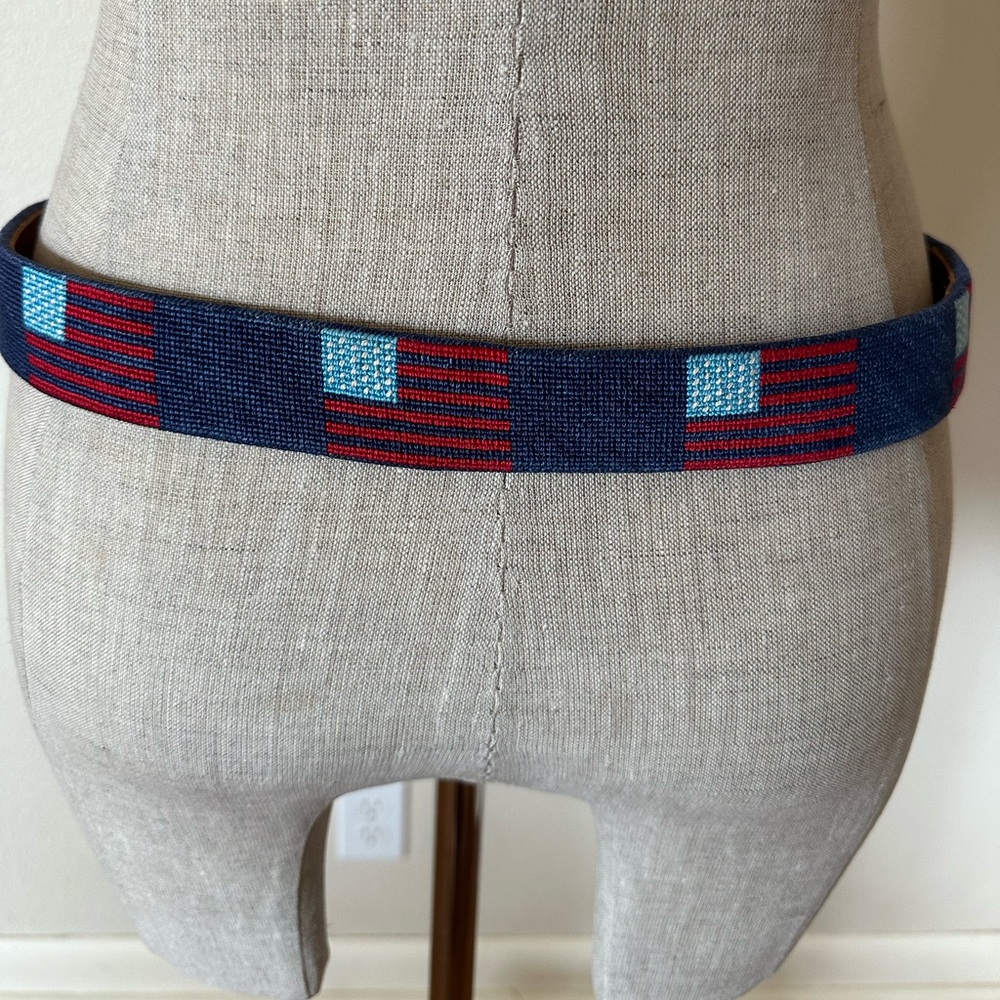 American Flag Needlepoint Belt Leather Trim Hand-stitched Good Threads Men's S